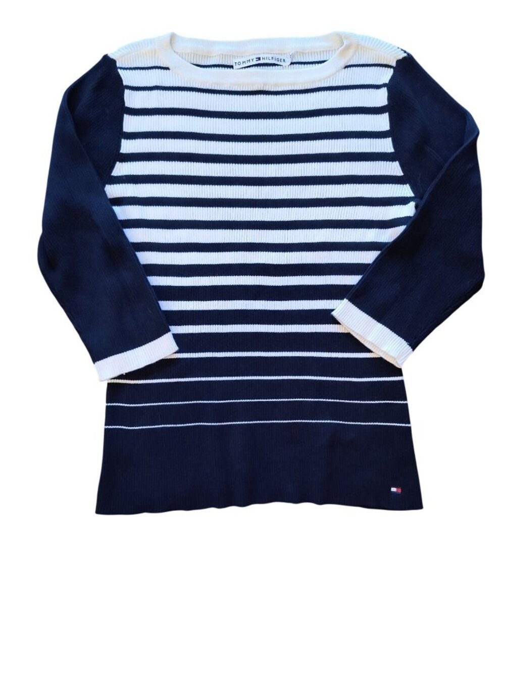 Tommy Hilfiger XL Blue & White Striped Sweater 3/4 Sleeves Cotton Ribbed Knit